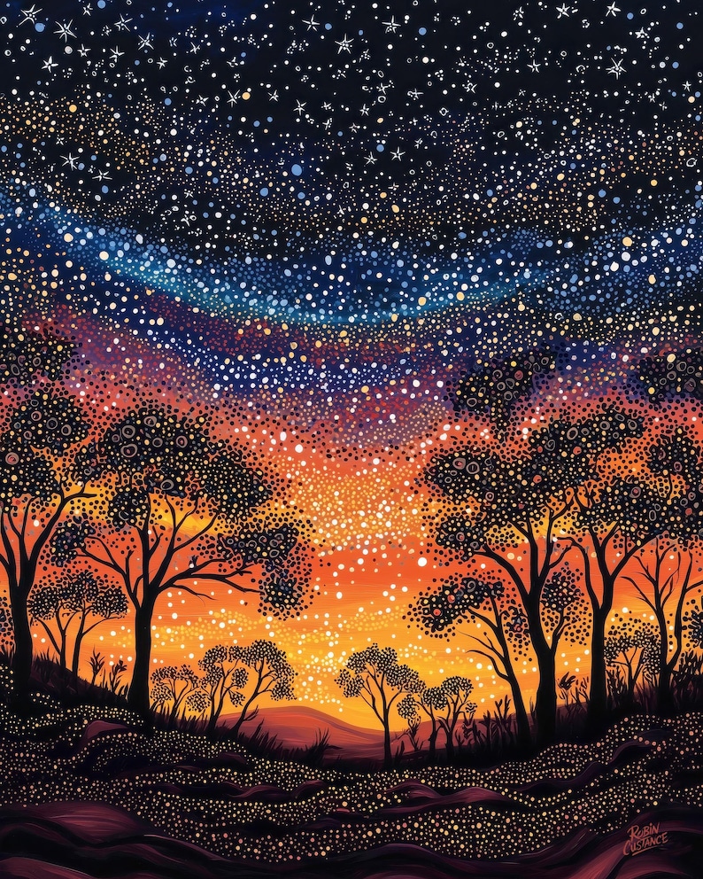 Starry Outback Trees, Colourful Australian Night Printable Wall Art image 18