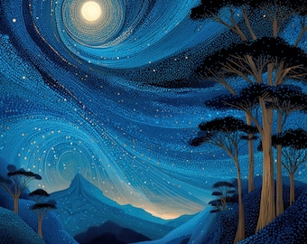 Bunya Mountains Starry Night Mystical Dot Art Wall Art by Robin Custance
