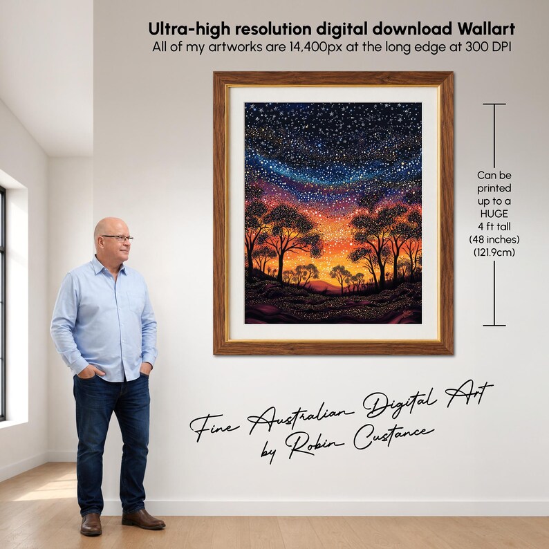 May include: A digital wall art print in a wooden frame featuring a starry night sky over a landscape with silhouetted trees. The artwork displays a gradient from dark blue to orange. Text indicates a 14,400px resolution and 48 inches height.