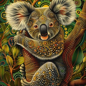 Può includere: Illustrazione dettagliata di un koala con motivi intricati nei toni del giallo, arancione e grigio. Il koala è appollaiato su un ramo d'albero, circondato da fogliame verde. L'opera d'arte ha un aspetto vibrante e strutturato.