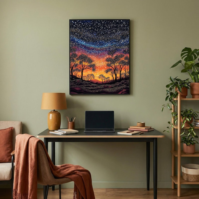 May include: A framed rectangular wall art print featuring a vibrant landscape painting of a starry night sky above a silhouette of trees and a glowing orange horizon, displayed in a home office setting with a desk, lamp, and laptop.