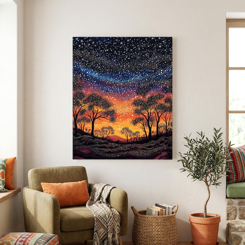 May include: A rectangular wall art print featuring a vibrant night sky filled with countless white stars above a silhouette of trees. The horizon transitions from a deep dark blue at the top to a warm orange and yellow glow near the ground.