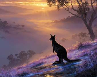 Kangaroo Sunrise Ridge Mystical Dot Art Gold Lavender Wall Art by Robin Custance