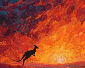 Kangaroo Sunset Dot Art Songlines Red Desert Aboriginal Wall Art by Robin Custance