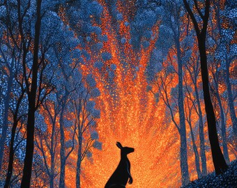 Kangaroo Renewal Bushfire Embers Abstract Dot Art Wall Art by Robin Custance