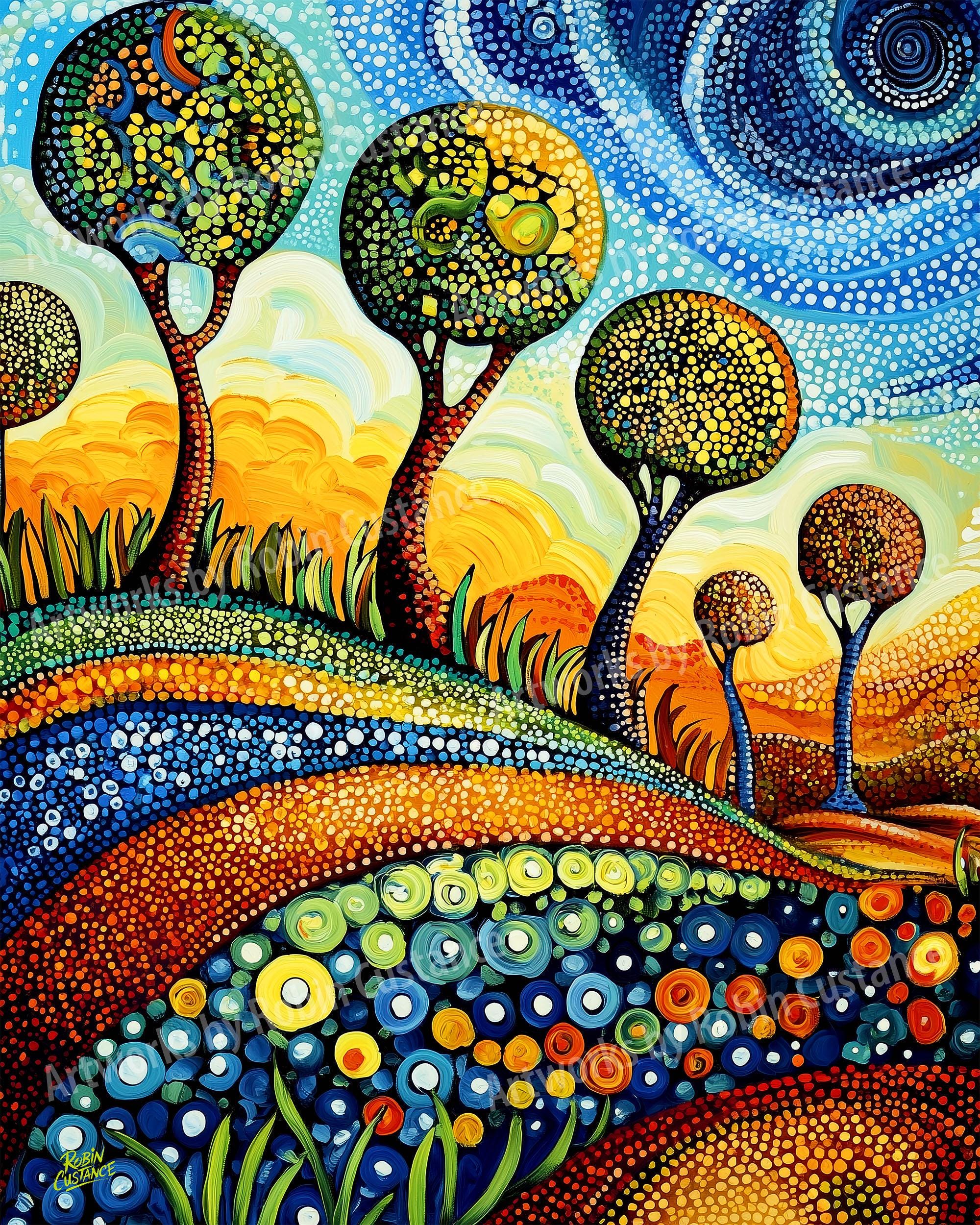 Golden Meadow Landscape | Aboriginal Dot Painting | Download