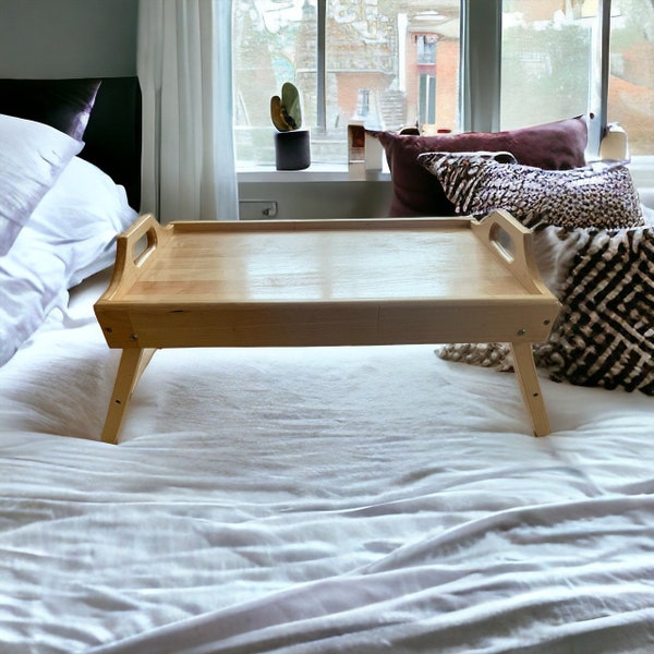 Large serving tray, folding legs tray with handles, breakfast table tray, coffee table, wooden tray, gift for mother