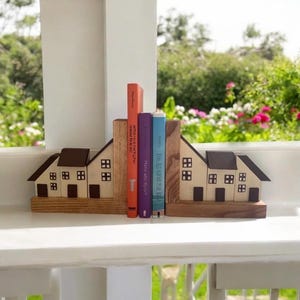 Rustic Wooden House Bookends: Cottagecore Reading Nook Decor