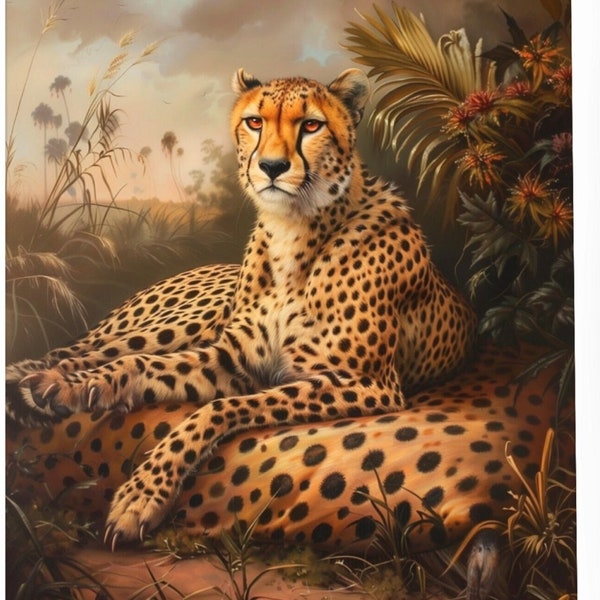 Digital oil painting Cheetah on a cheetah skin, unique Printable digital vintage art print for wall art, still life Animal Dreams