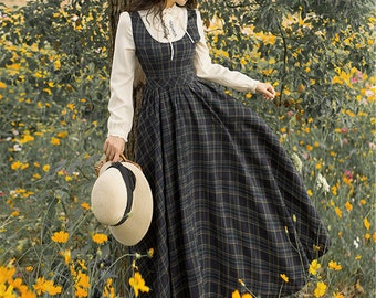Autumn Cottagecore Dress,Vintage Victorian Dress,Dark Academia Dress,Prairie Dress,French Vintage Plaid Dress,Fairy Dress,Milkmaid Dress
