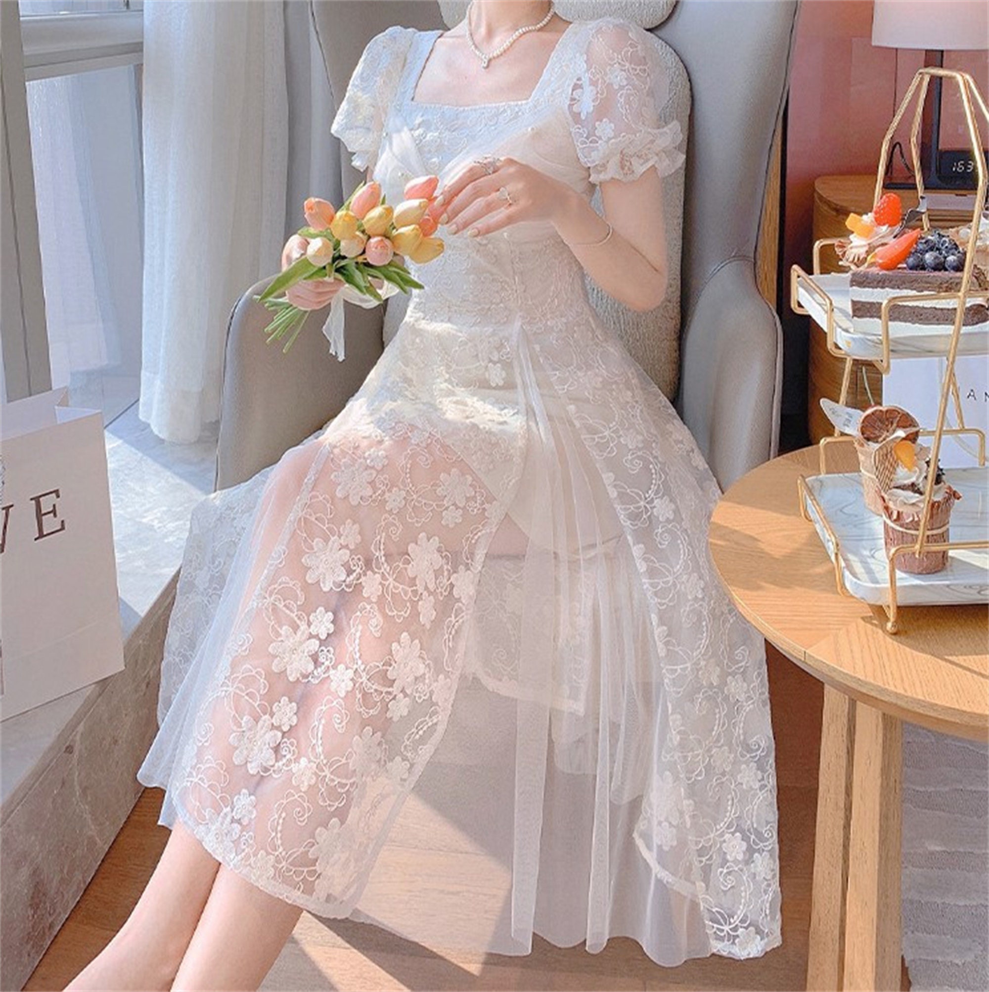 Puff Sleeve Mini Dress,French Fairy Dress Homecoming Dress main image 1
