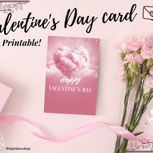 DRUCKBARE Valentinstagskarte, digital hergestellte rosa Valentinskarte für Sie/Sie, druckbare Klappkarte.