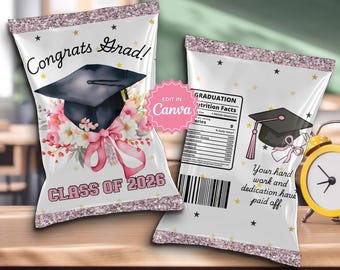 Pink Coquette Graduation Chip Bag Template, DIY Party Favor Printable, Graduation Day Snack Bag, Senior and College Graduation Goodie Bag