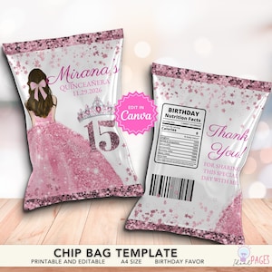 May include: A printable chip bag template featuring a pink glitter theme with a girl in a ballgown, a tiara, and the text Mirana's Quinceañera 11.29.2026. The back includes a birthday nutrition facts label, a barcode, and the text Thank You.