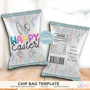May include: Two Easter-themed chip bag templates. One bag features bunny ears, paw prints, and the words "Happy Easter!" in colorful letters. The other bag has nutrition facts and the text "Some bunny loves you. Enjoy this treat!"