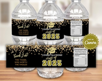 Afstuderen waterfles, afstudeerfeest gunsten, sticker waterfles, waterflesetiket, waterflesverpakking, gouden afstuderen decoratie