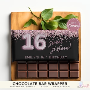 Sweet 16th Birthday Party Favor, Rose Gold Favor, Chocolate Bar Wrapper, Candy Bar Wrapper, Chocolate Wrapper Template, Chocolate Bar Label