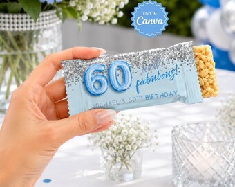 60 fantastiska silverblå ris krispiga godsaker etikett, 60-årsdag DIY festgåva, vuxen födelsedagsgåva, redigerbar ris krispig omslagsmall