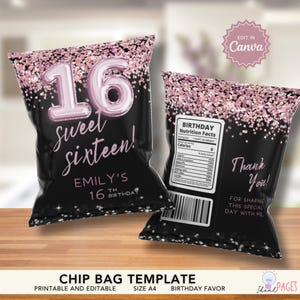 Sweet 16th Birthday Favors, Rose Gold Party Favors, Chip Bag Template, Party Chip Bags, Birthday Party Favor Bag, Birthday Favors for Teens