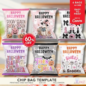 6 Halloween Party Favors, Halloween Candy Bag, Halloween Party Favors for Kids, Trick or Treat Bag, Chip Bag Labels, Chip Bag Party Bundle