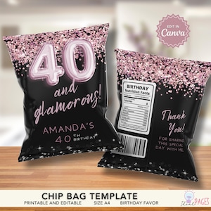 Rose Gold Party Favors, 40th Birthday Favors, 40th Party Favors, Birthday Favor Label Chips, Birthday Favor for Guests, Birthday Chip Bags