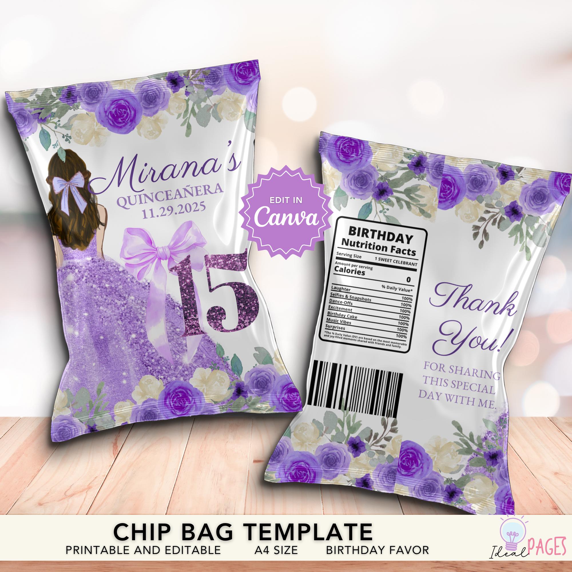 紫音◆ハガキサイズ Purple Quinceanera Chip Bag Label, Sweet 15 Party Favor, Quince