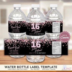 Birthday Water Bottle Label, Sweet 16 Party Favor, 16th Birthday Party Favor, Birthday Favor for Teens, Bottled Water Label, Rose Gold Favor