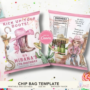 Wild West Kid&#39;s Birthday Chip Bag Template , DIY Party Favor Printable, Rustic Western Birthday, Rodeo Western Birthday, Cowgirl Theme Bag