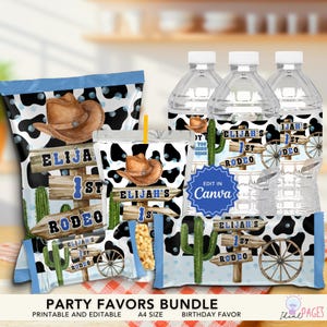 May include: A party favors bundle with a cowboy theme. The set includes snack bags, a cup, and water bottles, all decorated with a cowhide pattern, cowboy hats, and the text "Elijah's 1st Rodeo". The bundle is printable and editable.