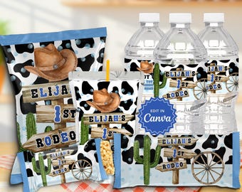 May include: A party favors bundle with a cowboy theme. The set includes snack bags, a cup, and water bottles, all decorated with a cowhide pattern, cowboy hats, and the text "Elijah's 1st Rodeo". The bundle is printable and editable.