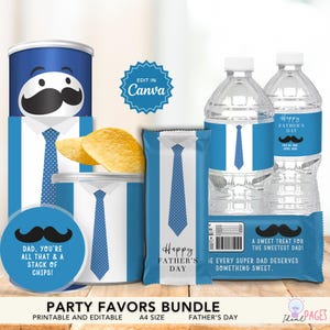 May include: A Father's Day party favor bundle featuring blue and white tie-themed labels for chip cans, water bottles, and candy bars. The labels include text such as Happy Father's Day, Dad, you're all that & a stack of chips, and A sweet treat for the sweetest dad.