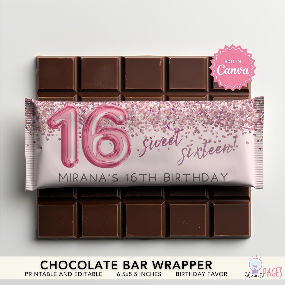 Pink Glitter Sweet 16 Candy Bar Wrapper, Teens Birthday Favors, Hershey ...
