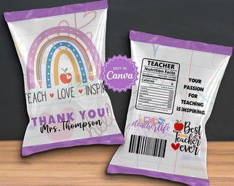 Bolsa de agradecimiento para profesores, regalo de agradecimiento para profesores, regalo de agradecimiento para profesores, etiqueta para bolsa de patatas fritas, plantilla para bolsa de patatas fritas, bolsa para aperitivos