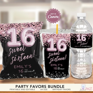 Sweet 16 Party Favors, Rose Gold Party Favors Bundle, 16th Birthday Party Favor, Chip Bags, Juice Pouch Label Template, Water Bottle Label