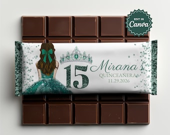 Emerald Green Quinceanera Chocolate Bar Wrapper Gefälligkeiten, Sweet 15 Decor, Teenager Geburtstagsbevorzugung, Candy Bar Wrapper, Hershey Chocolate Bar Label