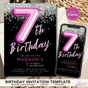 7th Birthday Invitations, Silver Glitter Invitation, 7th Party Invite, 7th Birthday Girl Invite, Birthday Party Invitation, Girl Invitation