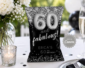 Black and Silver 60th Birthday Chip Bag Label, DIY Party Favor, Adult Birthday Favors, Birthday Favor Bag, Snack Wrapper, Treat Bag