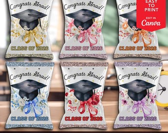 6 Coquette Bow Graduation Chip Bag Label, DIY Party Favor Printable, Graduation Gift Snack Bag, Graduation Favor, Goodie Bag, Treat Bag