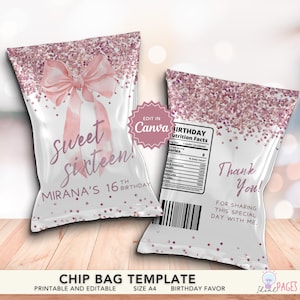Rose Gold Glitter Coquette Sweet 16 Chip Bag Birthday Favor, Teen Party Favor, Chip Bag Label, Chip Bag Template, Favor Treat Bag