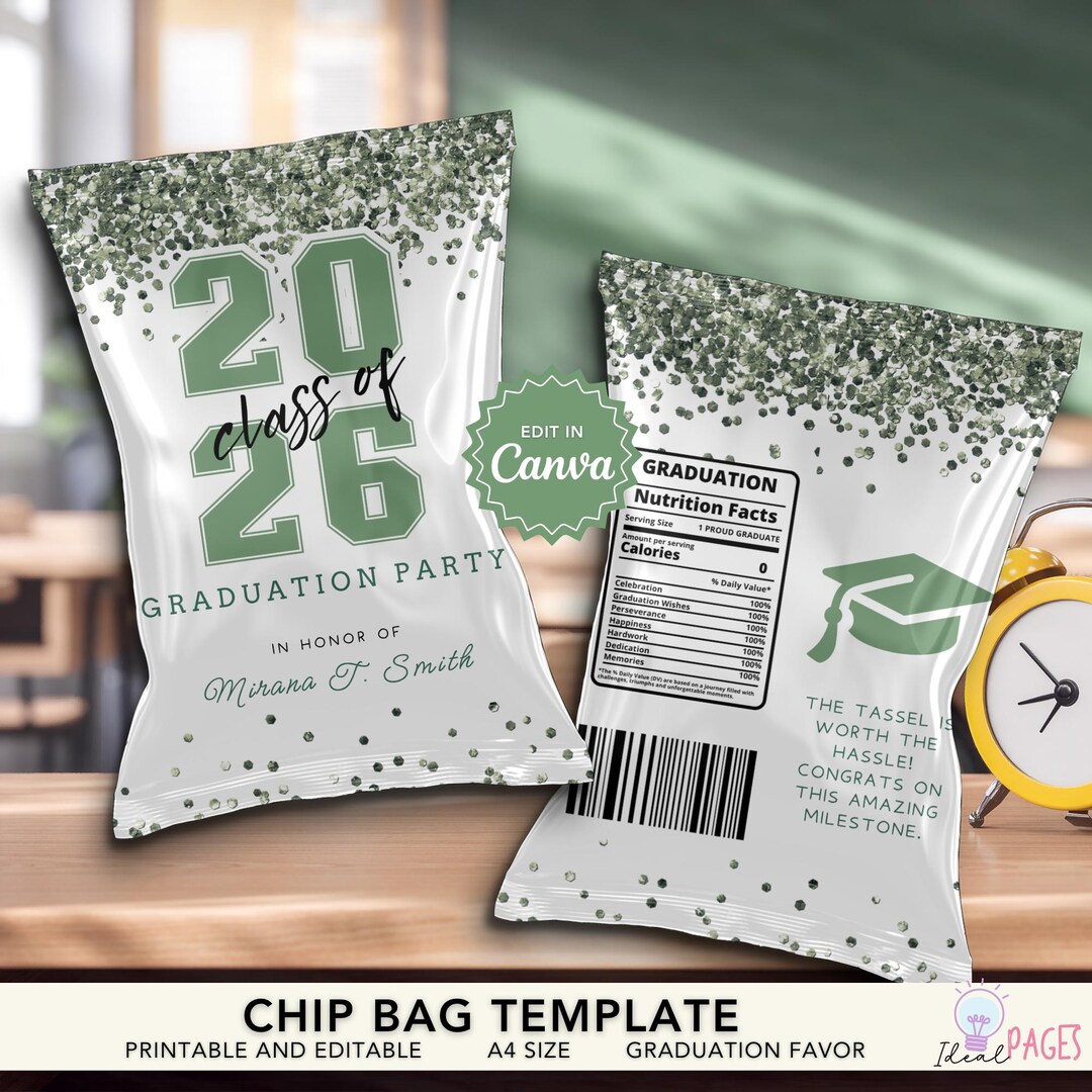 Green Glitter Graduation Chip Bag Label, Graduation Treat Bags, Snack ...