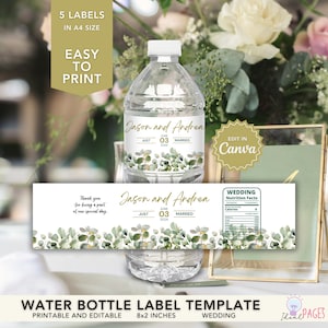 Wedding Water Bottles, DIY Wedding Water Bottle Labels, Custom Bottle Sticker Label, Floral Bottle Labels, Bottle Wrapper, Eucalyptus Leaves