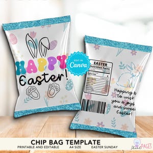 Blaue Glitter Ostern Leckerbissen, Bunny Chip Beutel Etikett, Snack Wrapper, Candy Bag Vorlage, Ostereiersuche, Kinder Frühling Party Favor Printable