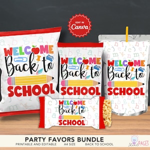 Back to School Party Favors, First Day of School Gift, Chip Bag Party Favor, Juice Pouch Label, Rice Crispy Treat Label, Fruit Snack Label