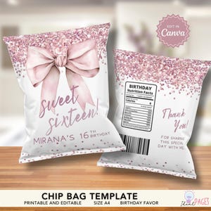 Rose Gold Coquette Birthday, 16th Birthday Favors, Sweet 16 Party Favor, Birthday Favor for Guest, Chip Bag Birthday, Chip Bag Template