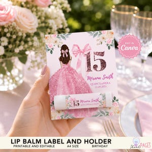 Rosa Quinceanera Lippenbalsam-Gastgeschenk, Lippenbalsam-Kartenhalter, Lippenbalsam-Etikett, Bonbon-15-Geburtstags-Favor, Mis Quince, Quinceaño-Vorlage