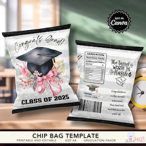 Custom Graduation Chip Bag Template, Class of 2025, DIY Party Favor Printable, Coquette Snack Bag, Senior and College Graduation Favor Bag