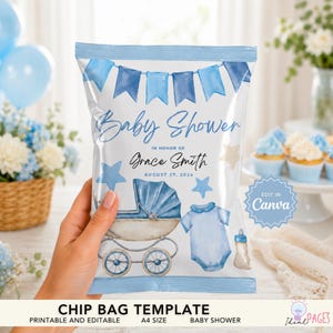 May include: A rectangular chip bag template featuring blue bunting, a baby carriage, a onesie, and a baby bottle. The text reads Baby Shower, In Honor Of, Grace Smith, and August 27, 2024. A circular badge indicates Edit in Canva for this A4 size design.