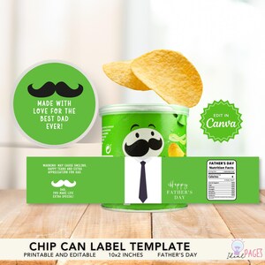 May include: A green chip can label template featuring a black mustache graphic and text that reads Made with love for the best dad ever. The design includes a nutrition facts label for Father's Day and a graphic of a necktie on a white background.
