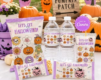 Halloween Party Favors Bundle, Pumpkin Rice Crispy Treat, Chip Bag Party Favor, Water Bottle Label, Juice Pouch Label, Chocolate Bar Wrapper