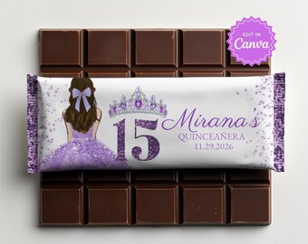 Lila Tiara Quinceanera Schokoladentafel Wrapper, Sweet 15 Geburtstag Mitbringsel, Candy Bar Wrap, Hershey Schokoriegel Etikett, Schokoladen Leckerei